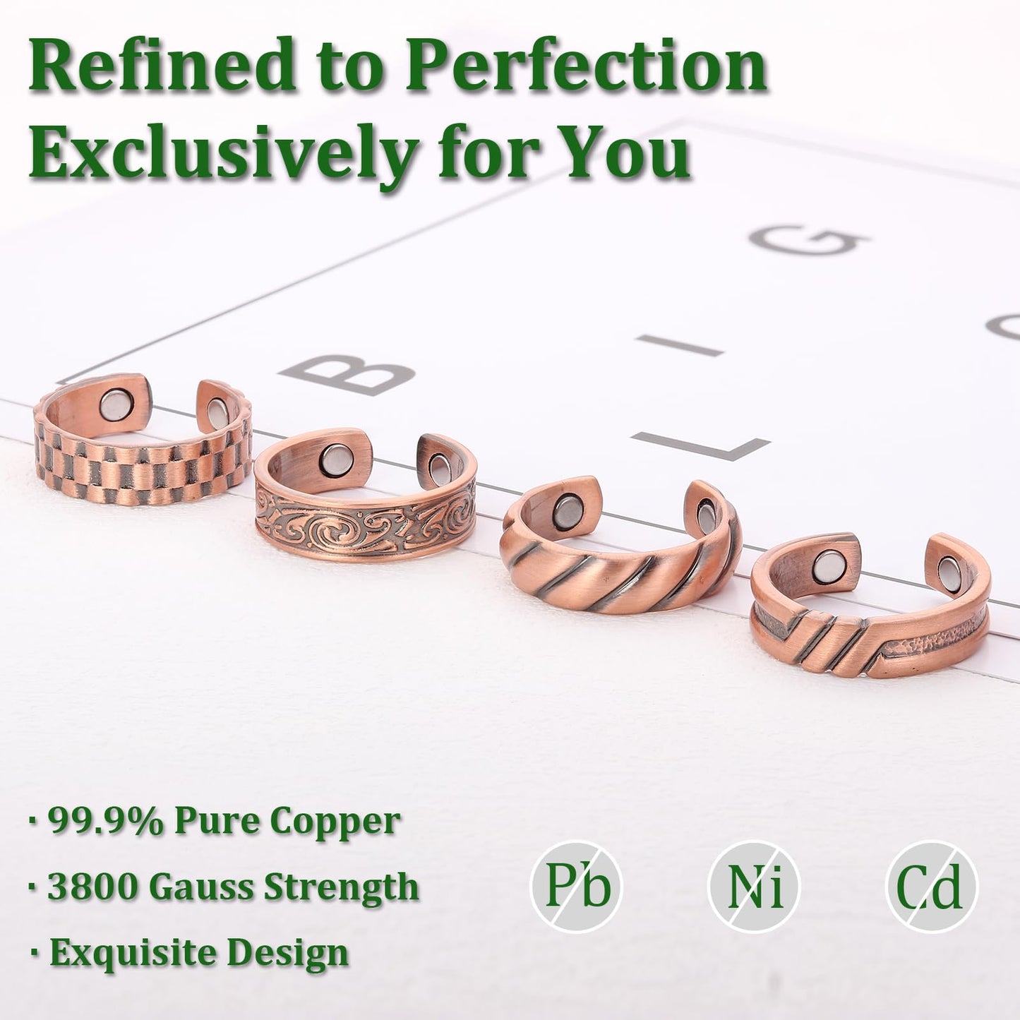 Fashtour 4 Copper Rings for Men, 99.9% Pure Copper Magnetic Rings, Vintage Pattern Adjustable Cuff Ring