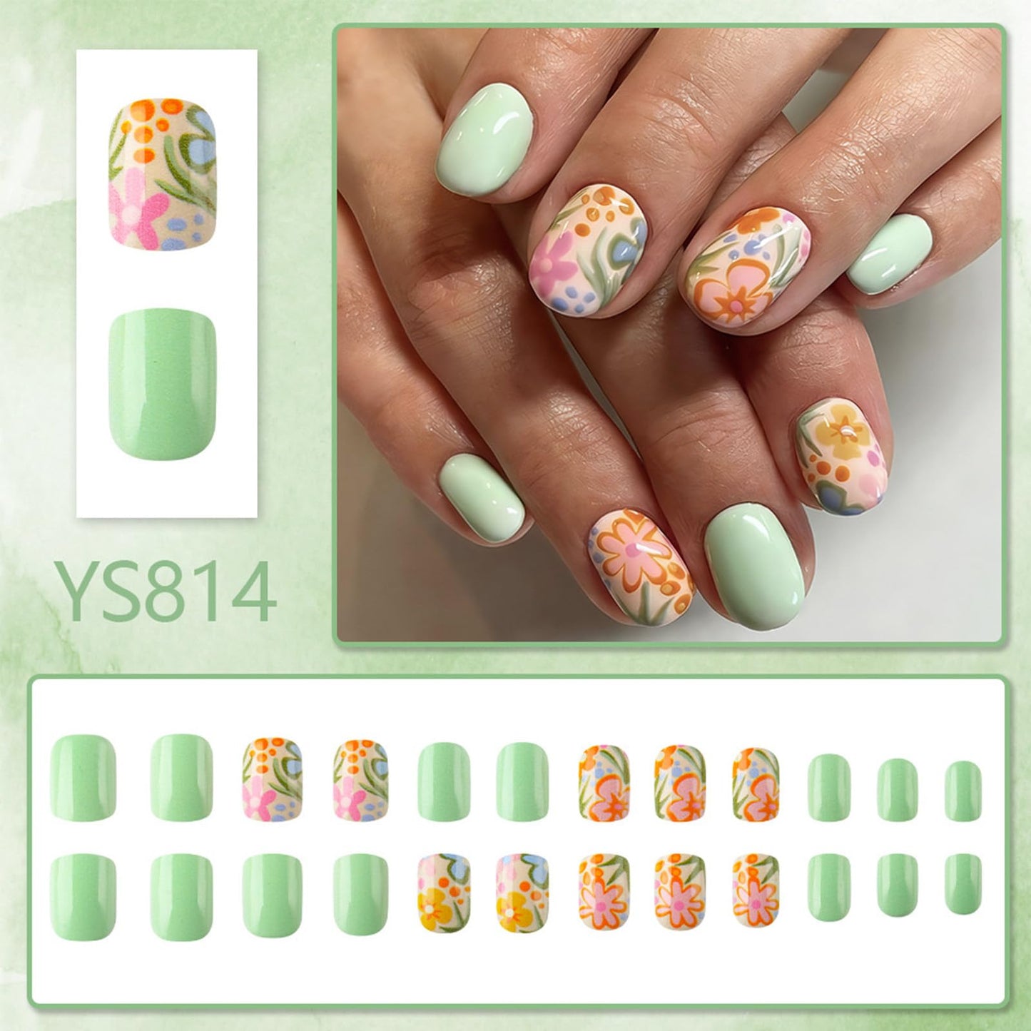 Sage Green Press on Nails Short Square Fake Nails with Cute Flowers Design Spring Summer False Nails Press ons Glossy Stick on Nail Reusable Artificial Glue on Nails for Women 24Pcs