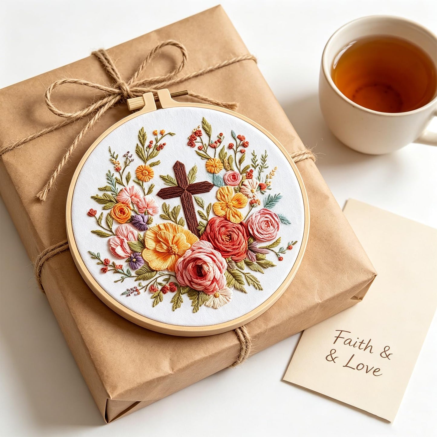 ZGEZGE Cross and Flower Embroidery Beginner Kit – Christian Embroidery, Includes Embroidery Hoop, pre-Printed Cotton Fabric, Scissors, Threader, and unraveler – Easter Gifts and Home Decor