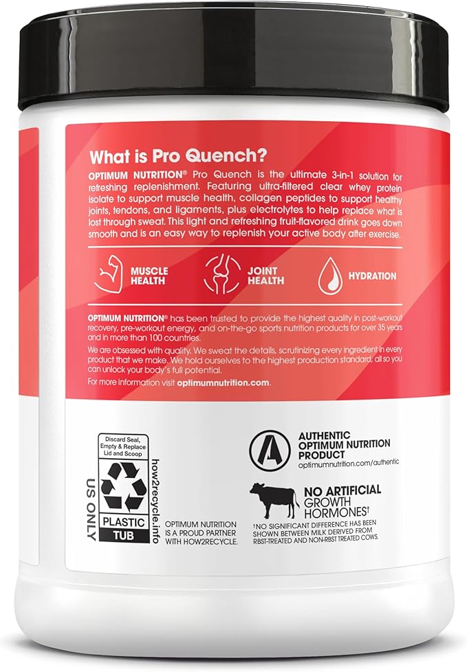 Optimum Nutrition Pro Quench, 10g Clear Protein, 10g Collagen peptides & Electrolyte Powder Drink Mix, Strawberry, 20 Servings, 520 Grams (Packaging May Vary)