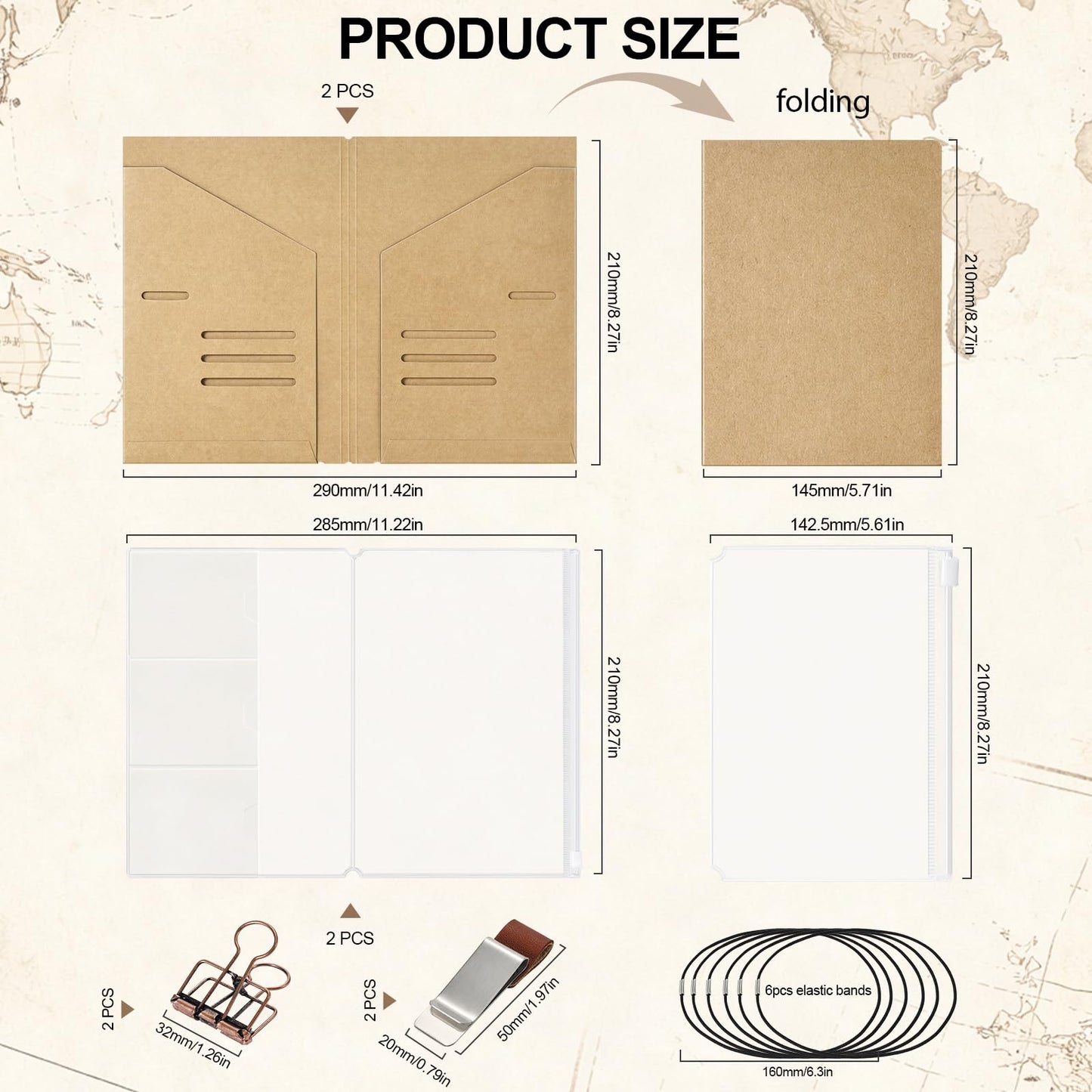Travelers Notebook Accessories Kit - Kraft File Folders,PVC Zipper Pouches,Pen Holders,Binder Clips,Elastic Bands for Travel Journal Organizer(2 Pack, A5 Size)