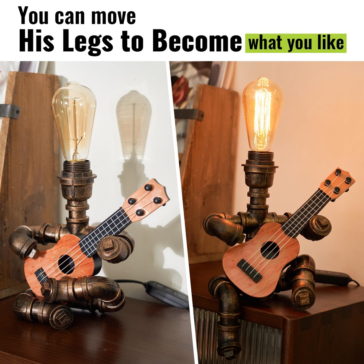 Lovefindahome Vintage Industrial Robot Guitar Table Lamp with Bulb - Remote Control,Timer,Dimmable - Cool Gifts for Music Lovers,Men,& Musicians - Steampunk & Retro Style Bronze