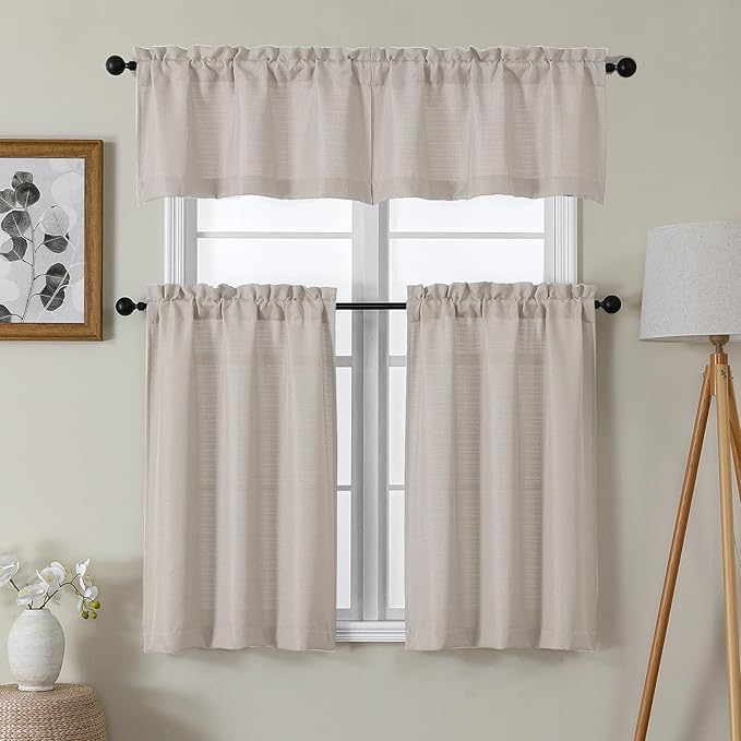 Chyhomenyc 24 Inch Length Tier Curtains, Faux Linen Textured Light Filtering Short Small Cafe Curtains for RV Camper Bathroom Window, 30x24 Inch, 2PCS, Moon Beige