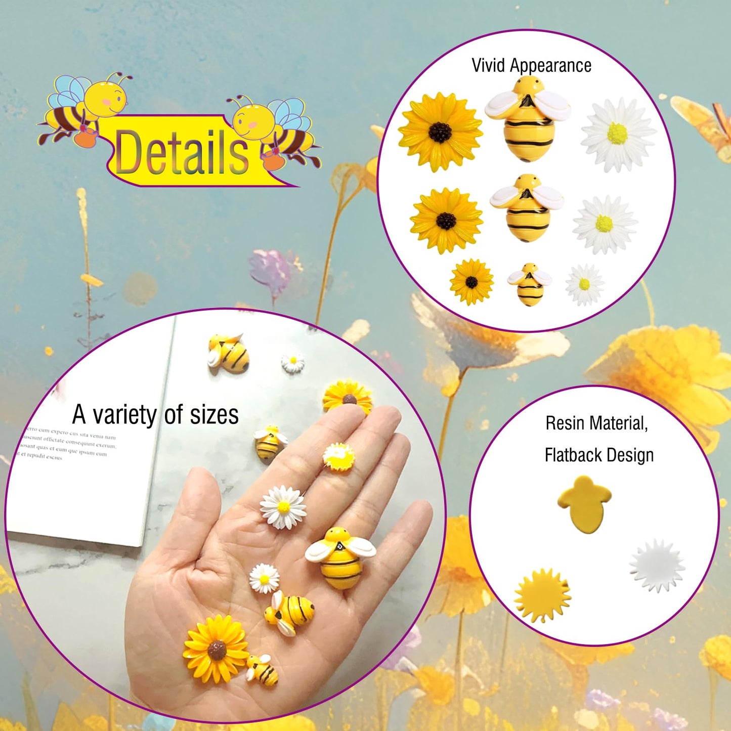DANUDON 100PCS Mini Bees for Crafts Resin Bee Daisy Flowers Decor, 3 Sizes Sunflower Bumble Bee Embellishment Beads Charms for DIY Christmas Wreath Scrapbooking Party Decorations, with Box
