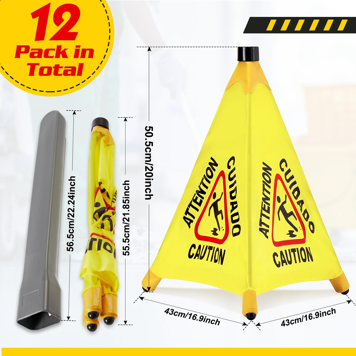 12 Pcs Pop up Wet Floor Sign with Storage Tube 20 Inch Wet Safety Signs Commercial Caution Safety Cone Pop up Caution Sign for Commercial Stores Grocery Restaurant Restroom Office Use (12 Count)