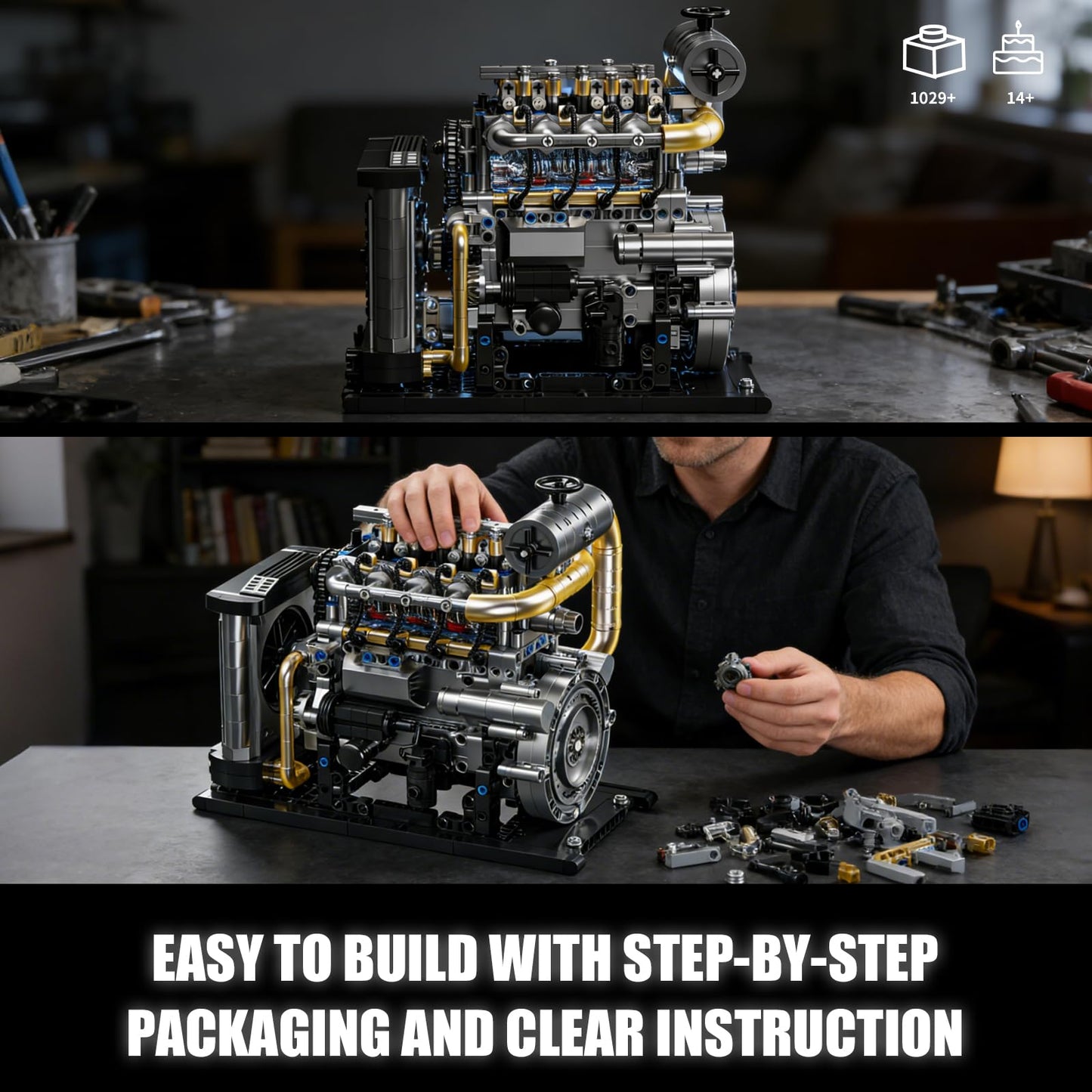 BseSparklion Diesel Engine Model Kit that Runs for Adults, MOC Mini Inline 4-Cylinder Diesel Engine Building Set with Motor, Compatible with Lego, Mechanical Engineering STEM Toy for Teens (1029 PCS)