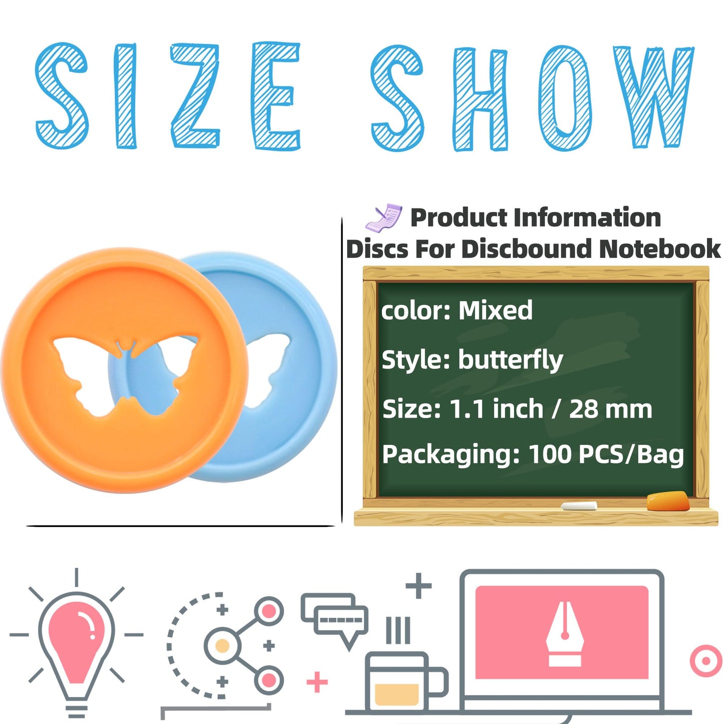 ITSYHPRO 1.1inch/28mm 100pcs Butterfly Shaped Discbound Planner Discs - Expansion Disc for Flexible Notebook Organization(Mixed)