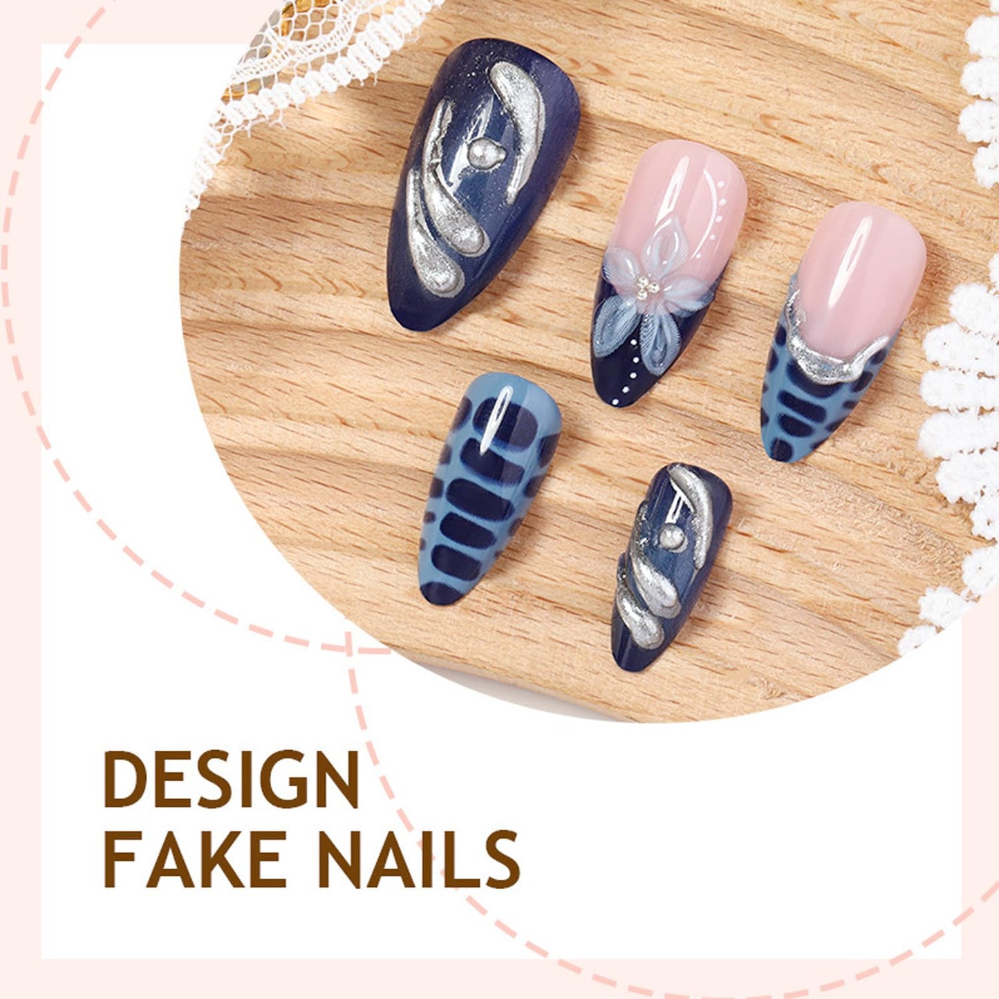 24Pcs Chrome Silver Press on Nails - Medium Almond Blue French Fake Nails with 3D Metal Ring Design Crocodile Pattern False Nails Blue Gradient Full Cover Flower Star Artificial Glue on Nail for Women