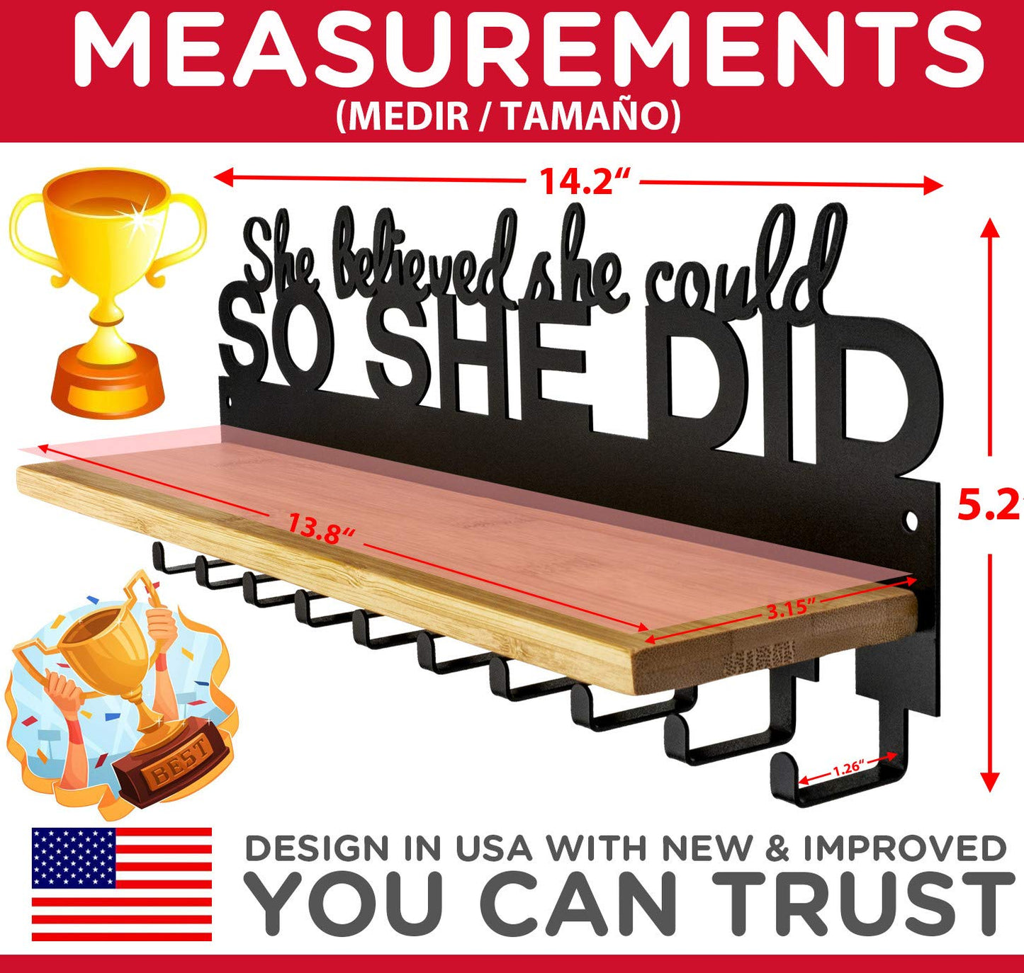 iBobbish Premium Medal Hanger Display Trophy Shelf,She believed she could SO SHE DID Upgraded Trophy and Medal Display Shelf for Wrest,gymanstics,Race,Soccer