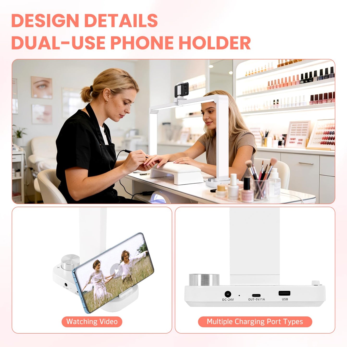 Haosegd Half Moon Light for Nail Desk with Phone Holder, Large Square Nail Lamp for Desk, Professional Manicurist Desktop Lamp, LED Light Suitable for Manicures, Tattoos, and Sewing, White