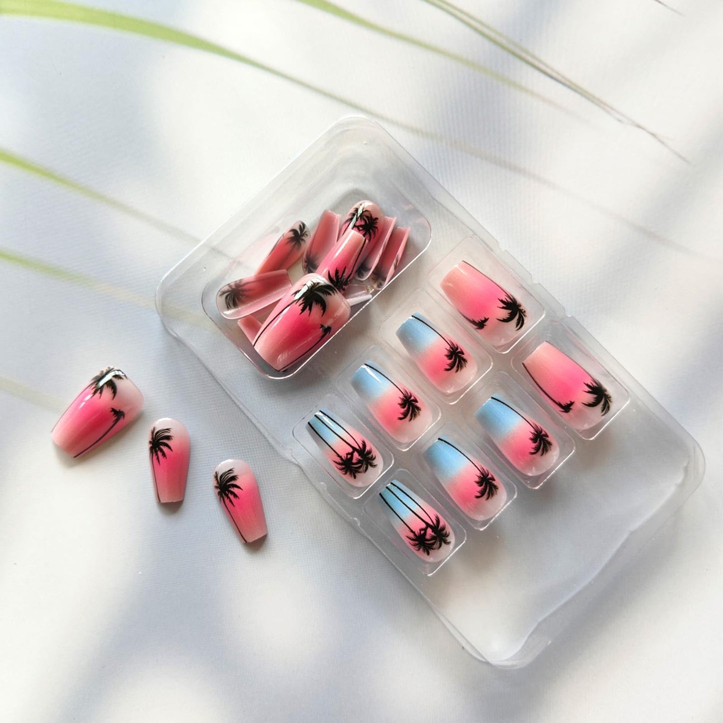 Summer Press on Nails Medium Coffin Fake Nails with Coconut Trees Design Glue on Nails Pink Sky Blue Sea False Nails Glossy Full Cover Stick on Nails Acrylic Artificial Nails for Women 24Pcs