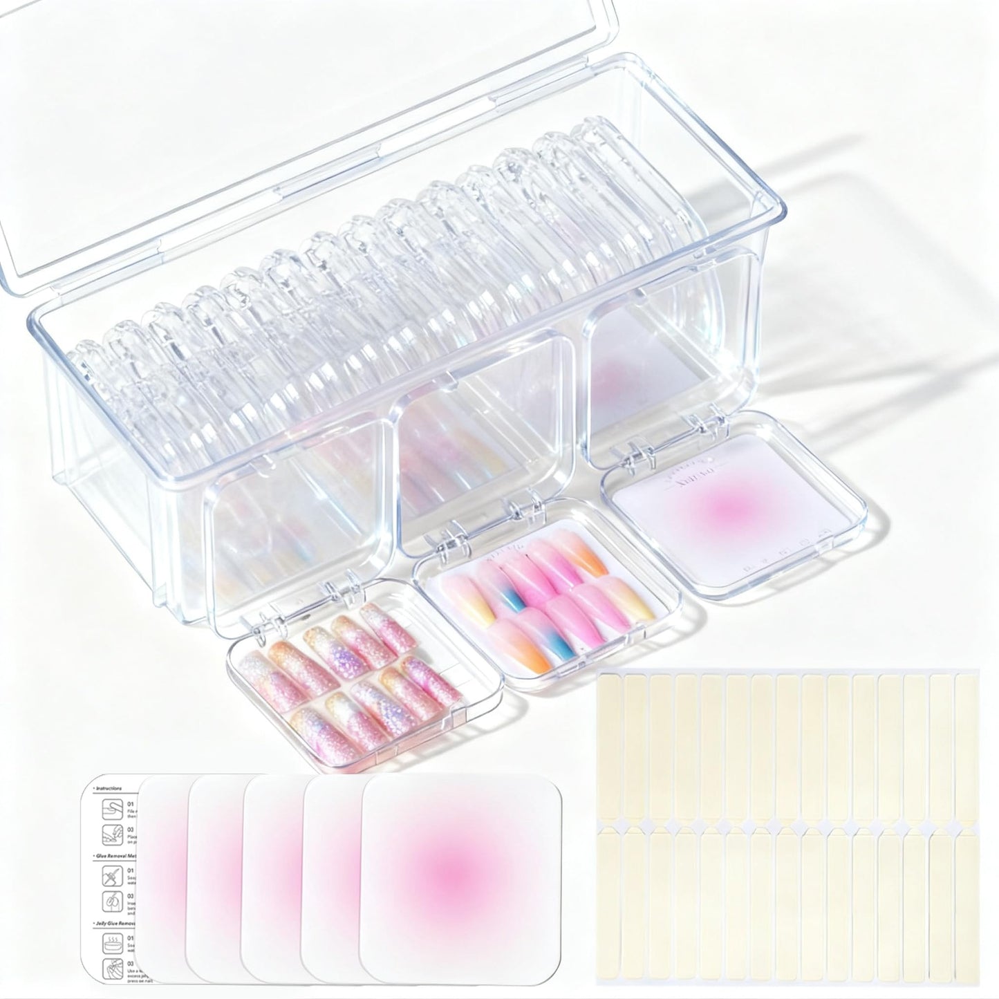 PZSZMIAO 15PCS press-on nail storage set includes 1 Clear Organizer, 14 Nail Display Case Fake Nail Instructions and Double Sided Adhesive Artificial False Nail Box Acrylic Organizer Nail Case
