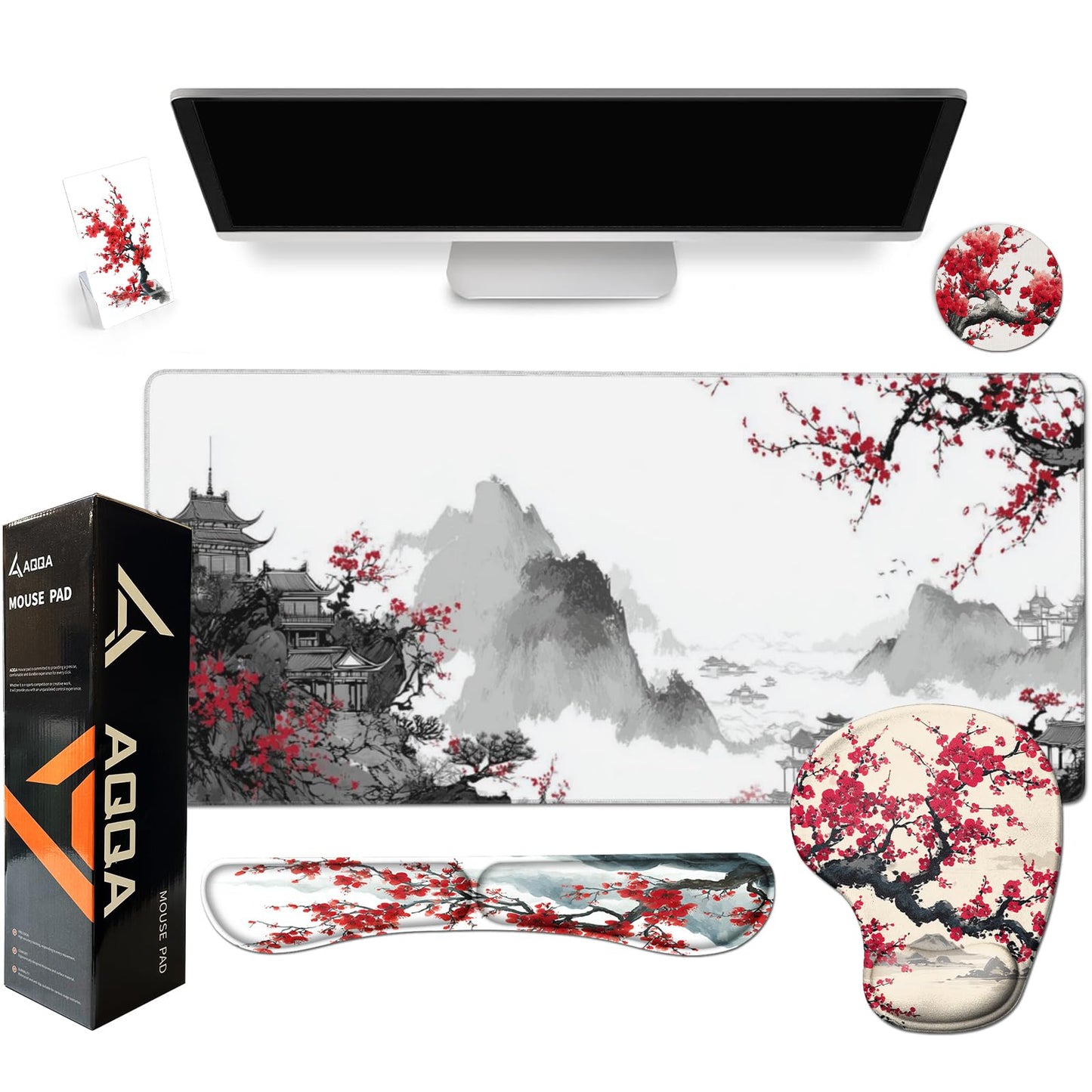 AQQA Japanese Desk Mat Set, Large Gaming Mouse Pad with Wrist Rest, Ergonomic Mouse Pad Keyboard Mat Wrist Support,Phone Holder,Cup Coaster,Home Office Desk Accessories Decor Supplies, Cherry Blossom