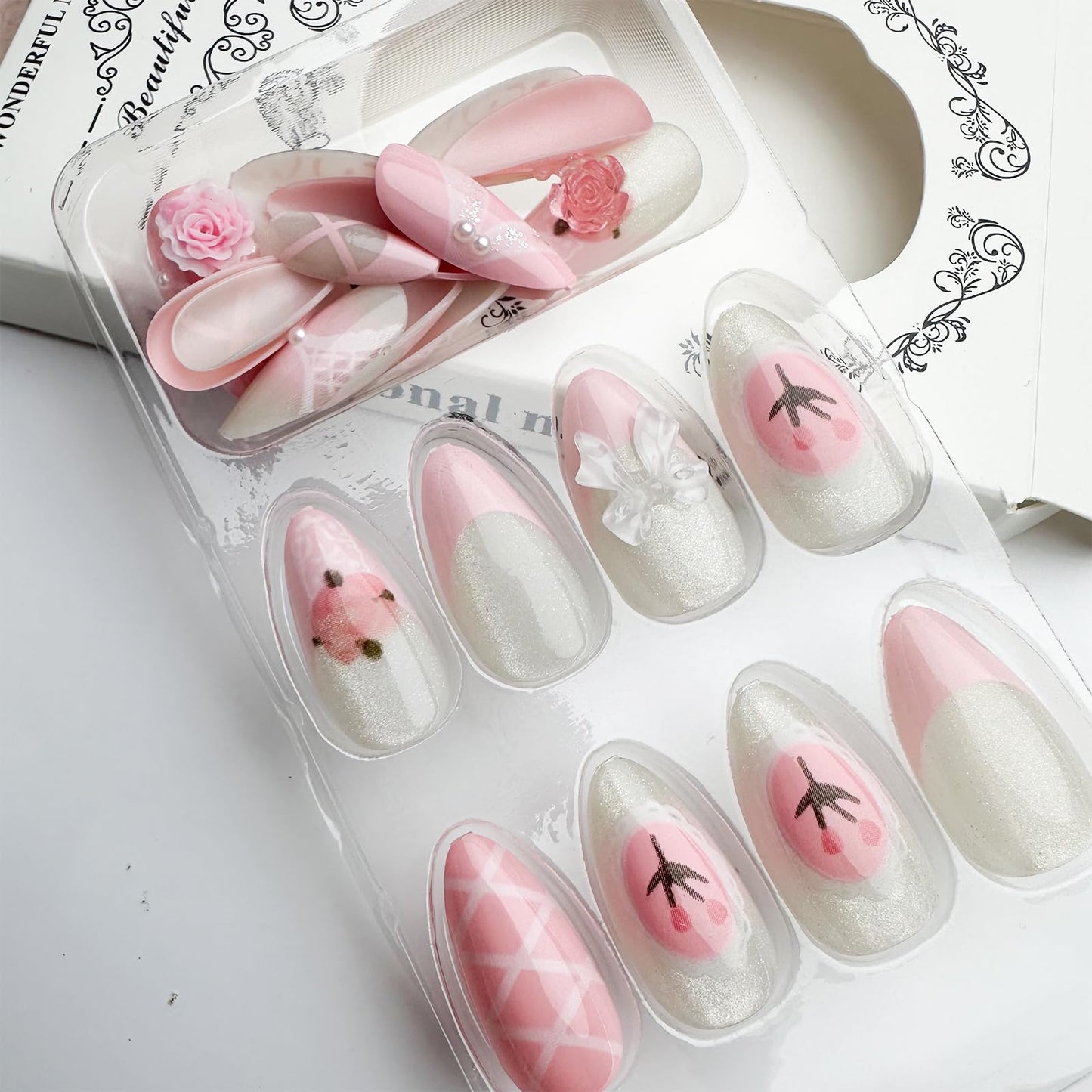LBPEPAMZ 24Pcs Pink Press on Nails Medium Almond Fake Nails with 3D Rose Bow Pearl Rhinestones Design Pink Gradient French Tips White Acrylic False Nails Stick on Nails for Women Valentine's Day Decor