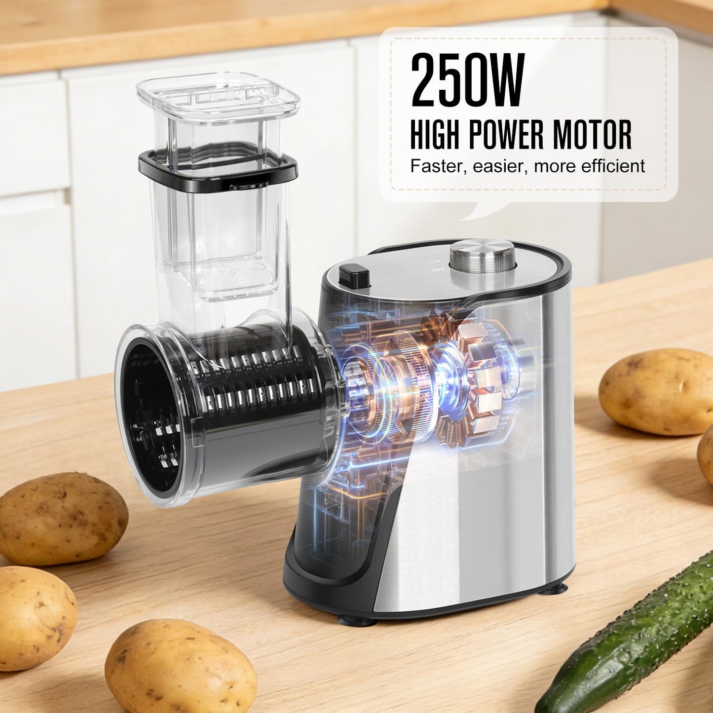 Inequalit Electric Vegetables Slicer Cheese Shredder, 5-in-1 250W Professional Automatic Salad Fruits Maker Shooter Chopper Machine Kitchen Cutter Grater Food Processor with 5 Different Blades