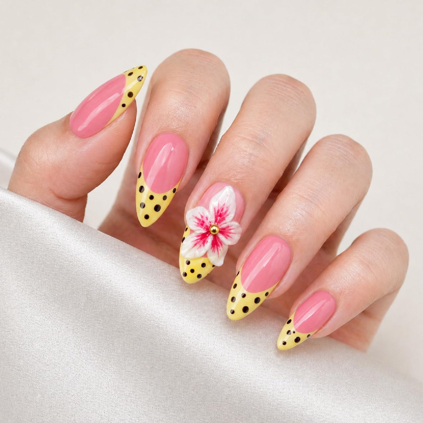 Threelegscat Handmade Pink Medium Almond Press on Nails, 10 PCS Fake Nails with 3D Flower & Polka Dots, Yellow French Tips False Nails, Reusable Size M for Women Daily& Gift