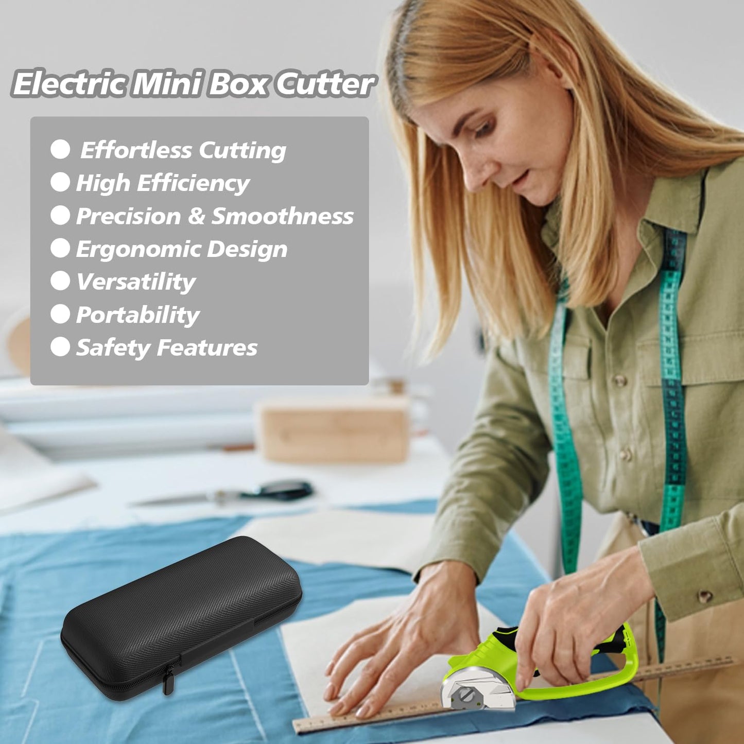 Cordless Electric Scissors, 4V Rechargeable Box Cutter & Cardboard Cutter with LED Light, Safety Lock - Rotary Cutter for Fabric, Leather, Carpet, Plastic, Crafting, Sewing with Storage Box (Green)