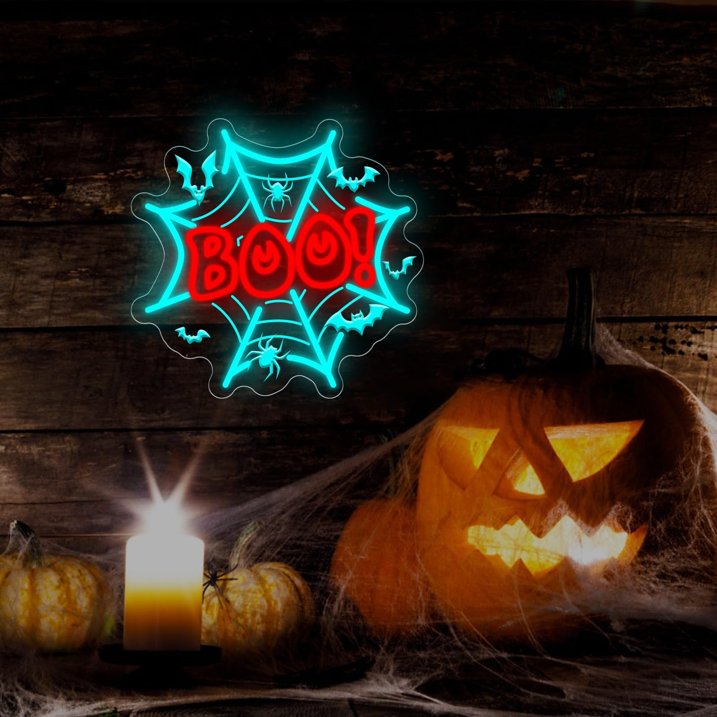 Boo Neon Sign Halloween Decors Spider Web LED Light Bats Decors Boo Dripping Sign Spooky Haunted House Party Wall Art, Ice Blue+Red, 13.8"x13.2"