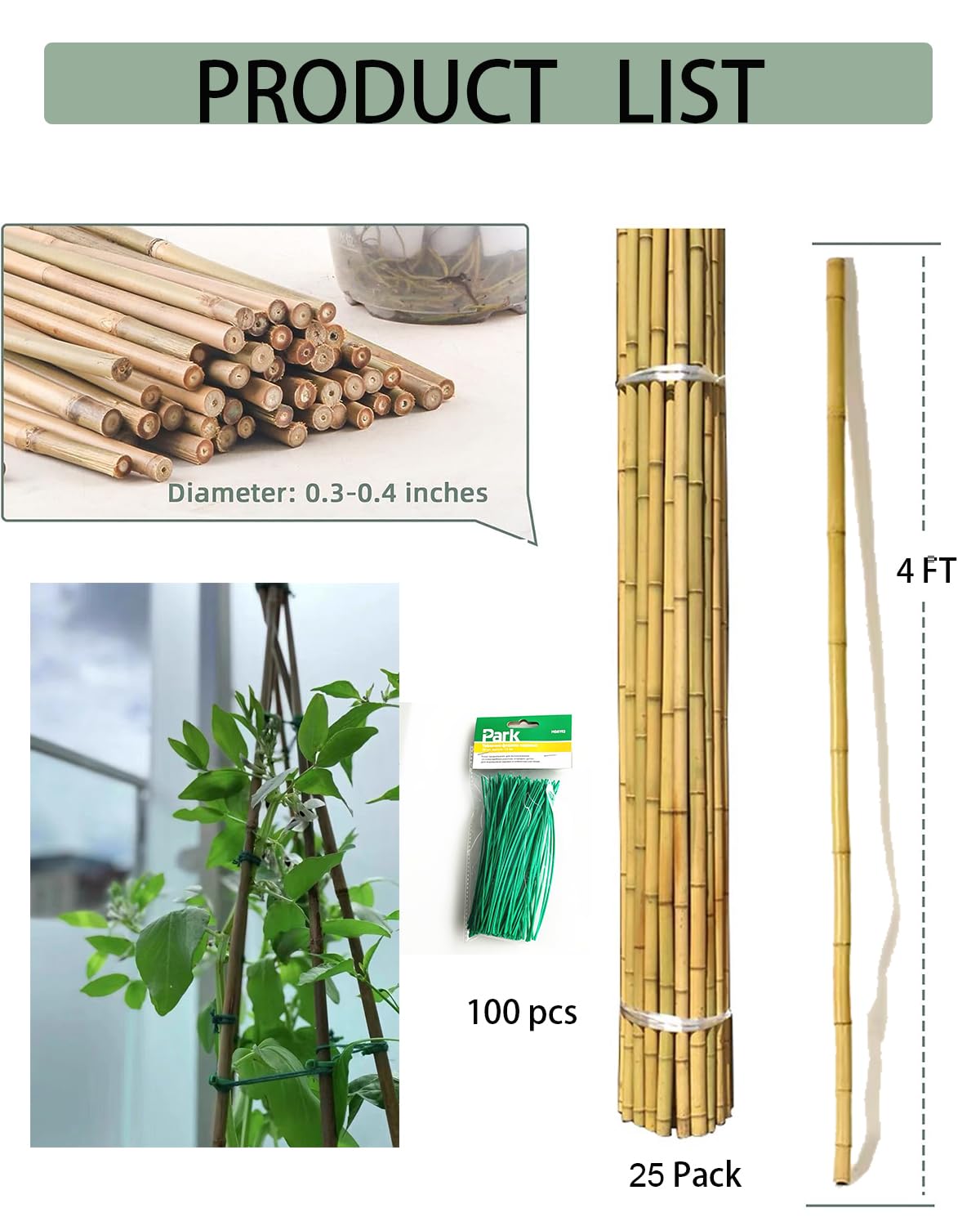4 Ft Bamboo Stakes with 100 Twist Ties Natural Bamboo Garden Stakes for Tomatoes Cucumber Grapes Pole Beans Trees Potted Dahlia Flowers and Climbing Plants - Pack of 25