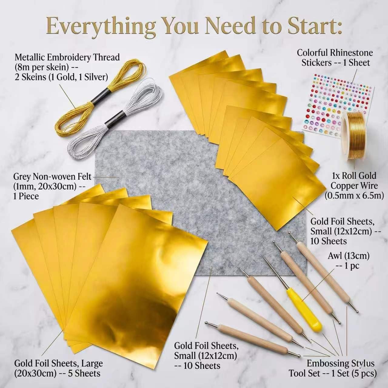 NYXODRON 15 Pieces Gold Embossing Foil Sheets, 11.57 x 9.76 Inch Metal Foil Art Kit and Embossing Kit for Crafting, Metallic Foil Craft Paper with Working Pad - Shimmering Gold Finish