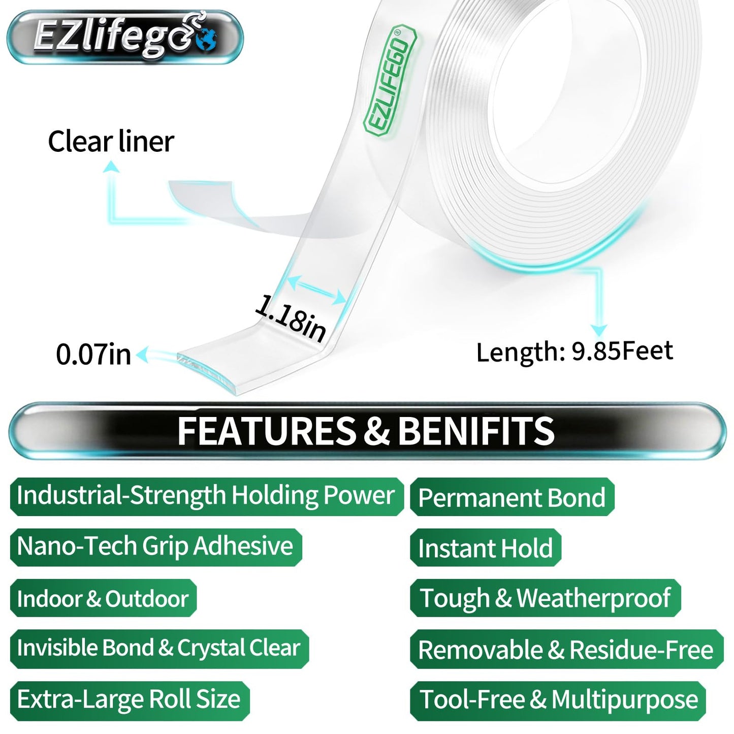EZlifego Double Sided Tape Heavy Duty, Nano Double Sided Adhesive Tape, Clear Mounting Tape Picture Hanging Adhesive Strips (9.85FT)