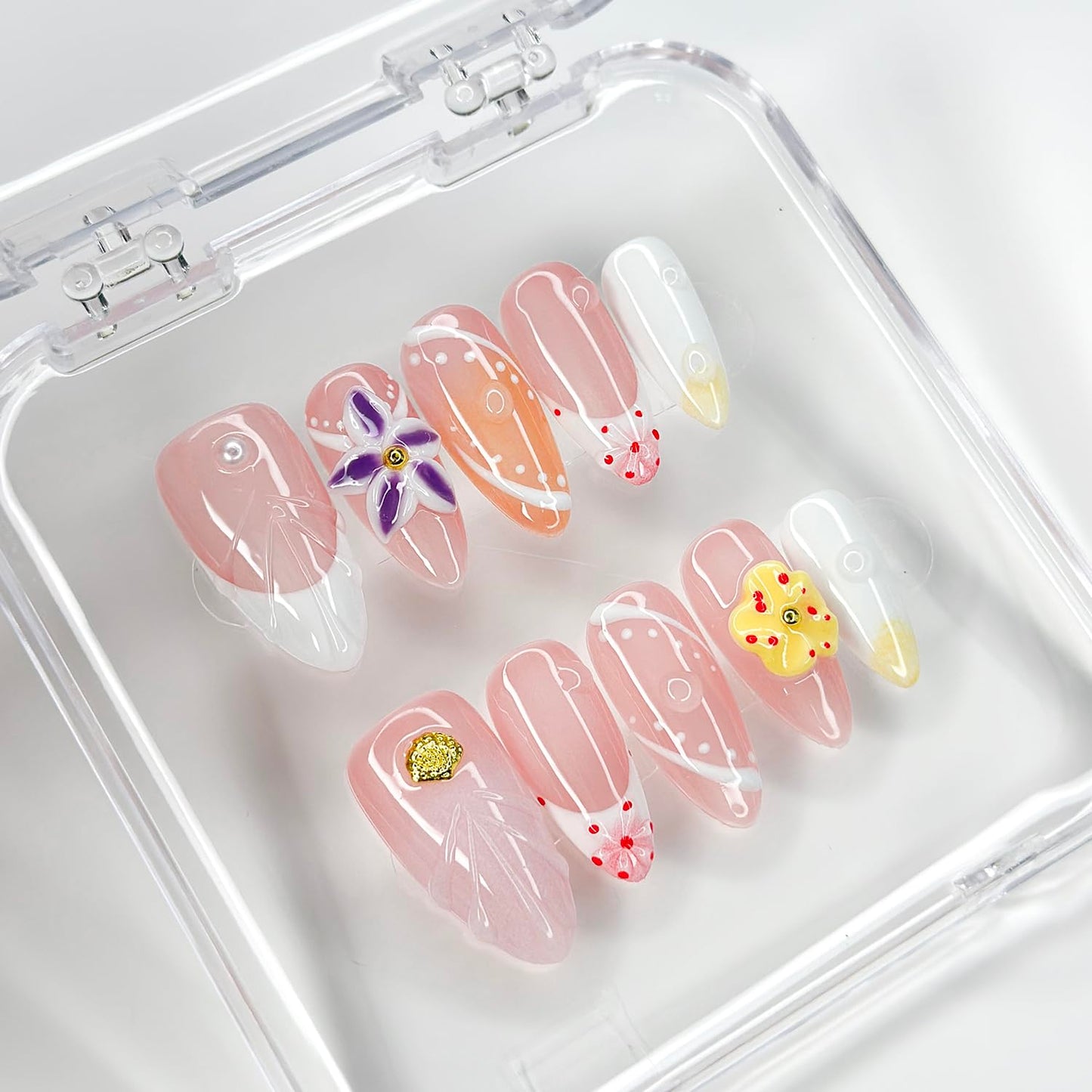 Luxury Press on Nails Medium Almond Handmade 3D Unique Reusable ABS Material Fake Nails French Tip False Nails with Designs Yellow&Purple Floral Art Petal Glossy Glue on Nails Thick Acrylic Nails(M)