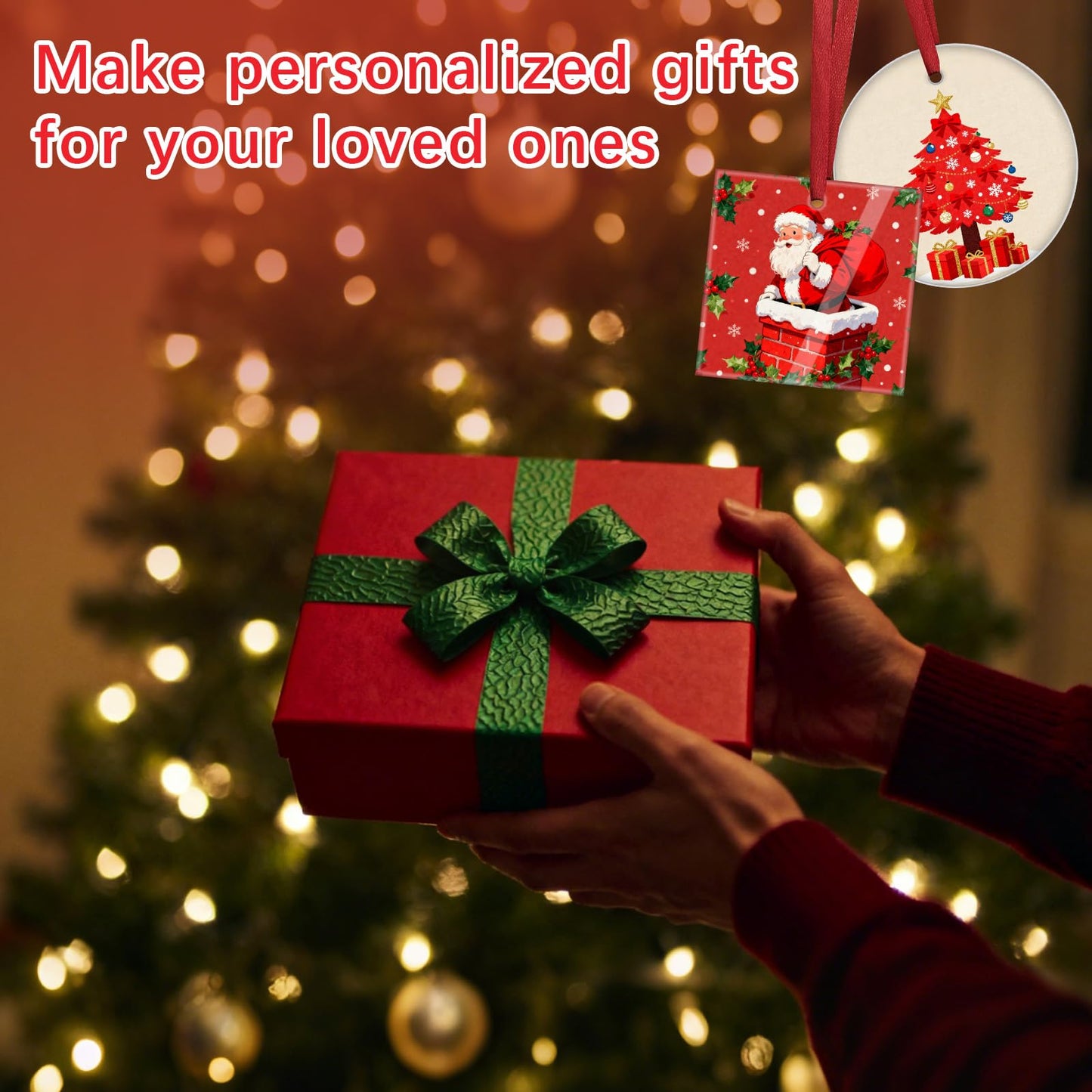 24 PCS Sublimation Glass Christmas Ornaments Sublimation Ornament Blanks 3 inches 12 Round + 12 Square with red Ribbon, Christmas Bulk Package to Create a Personalized Home