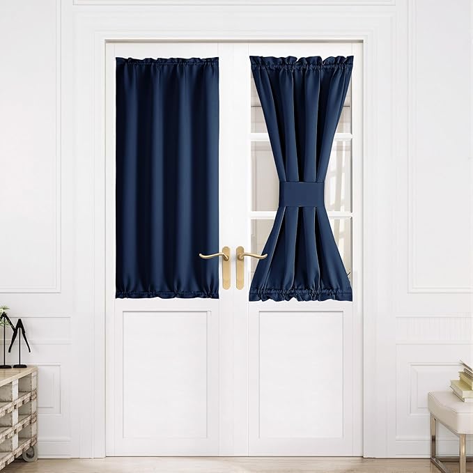 NICETOWN Blackout Door Curtain – Thermal Insulated Blackout Window Cover for French & Front Doors with Adjustable Tieback, Room Darkening Shade for Privacy, Navy, W30 x L50, 1 Panel