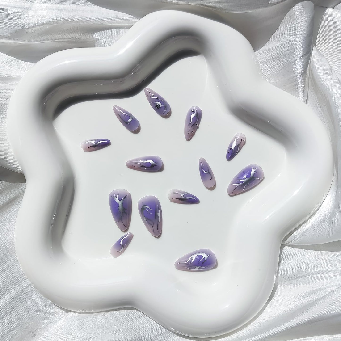 24 Pcs Purple Press on Almond Fake Nails - Pearl Designs, Glossy Full Cover Stick on Nails for Women