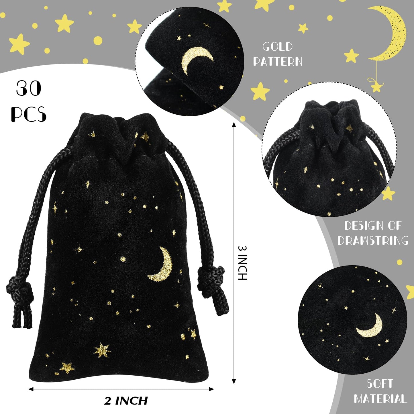 Hillban 30 Pcs 2 x 3 Inch Small Black Velvet Drawstrings Bags Bulk for Jewelry Moon Star Pouch with Drawstrings Jewelry Bags for Tarot Gift Packaging Graduation Wedding Anniversary Eid Mubarak