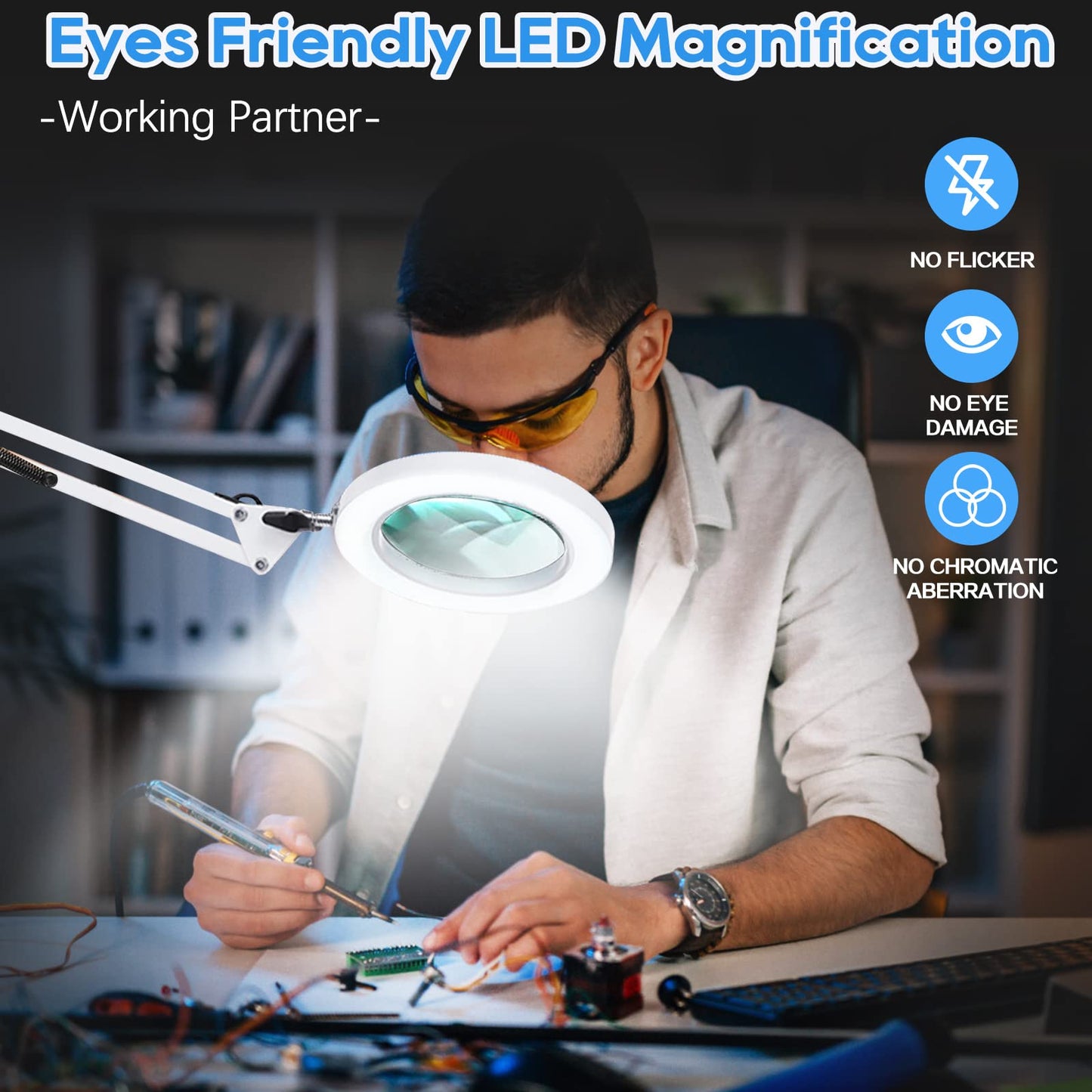 10X Magnifying Glass with Light, Adjustable Swing Arm 72 LEDs Real Glass Lens Magnifying Lamp, 3 Color Modes 10 Stepless Dimmable, Lighted Magnifier for Daily Reading Hobbies Crafts Workbench (White)