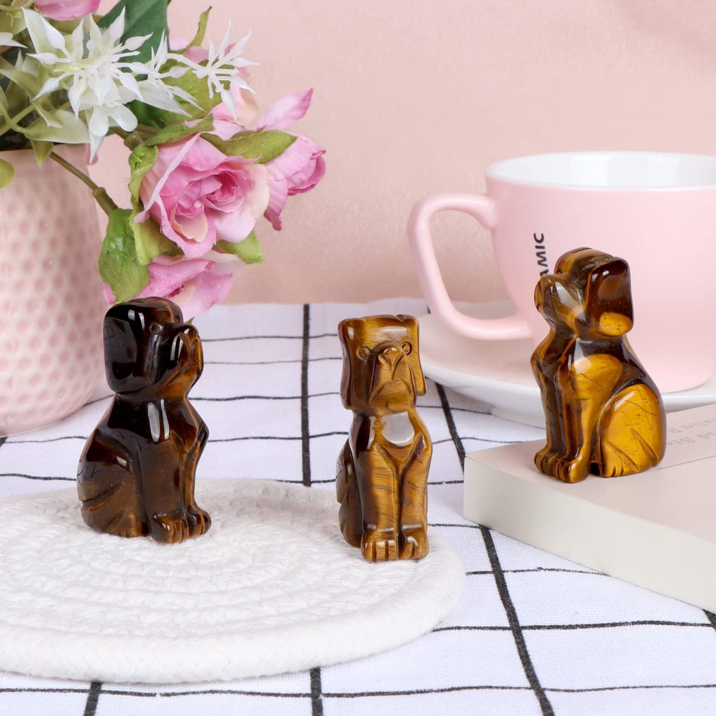 Artistone 2" Tiger Eye Stone Dog Crystal Animals Figurine Carved Gemstone Puppy Dog Statue Sculpture Craft Gift Home Decor