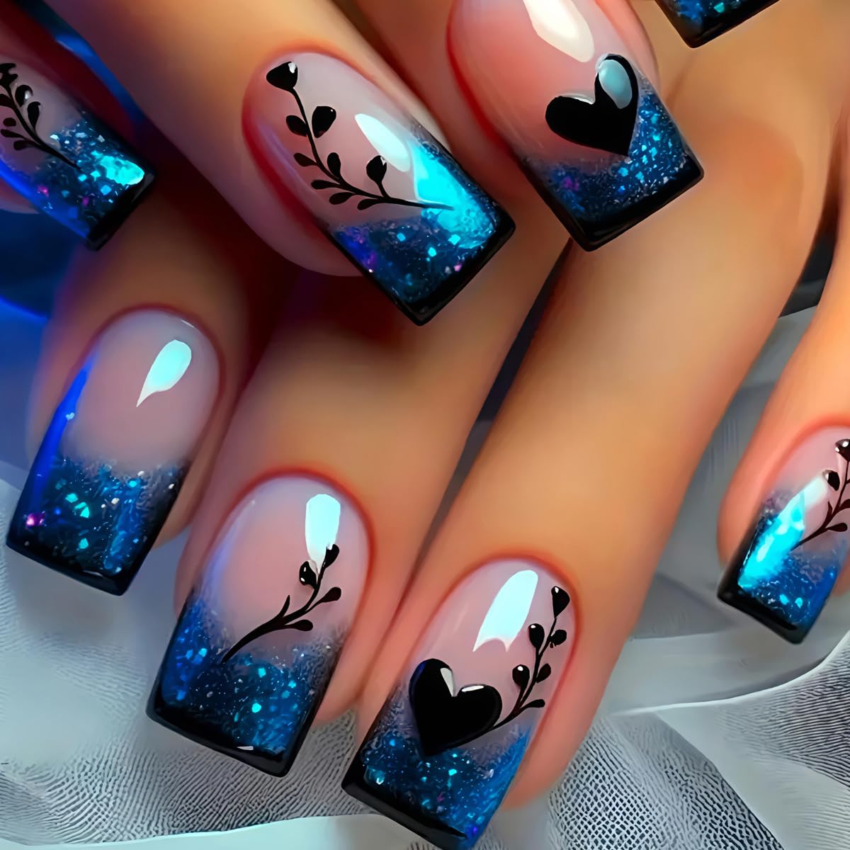 24 Pcs Blue Gradient French Tip Press on Nails Short Square Shaped False Nails Heart Love Pattern Designs Glitter Acrylic Fake Nails Full Cover Glossy Artificial Stick on Nail Women Nail Art DIY