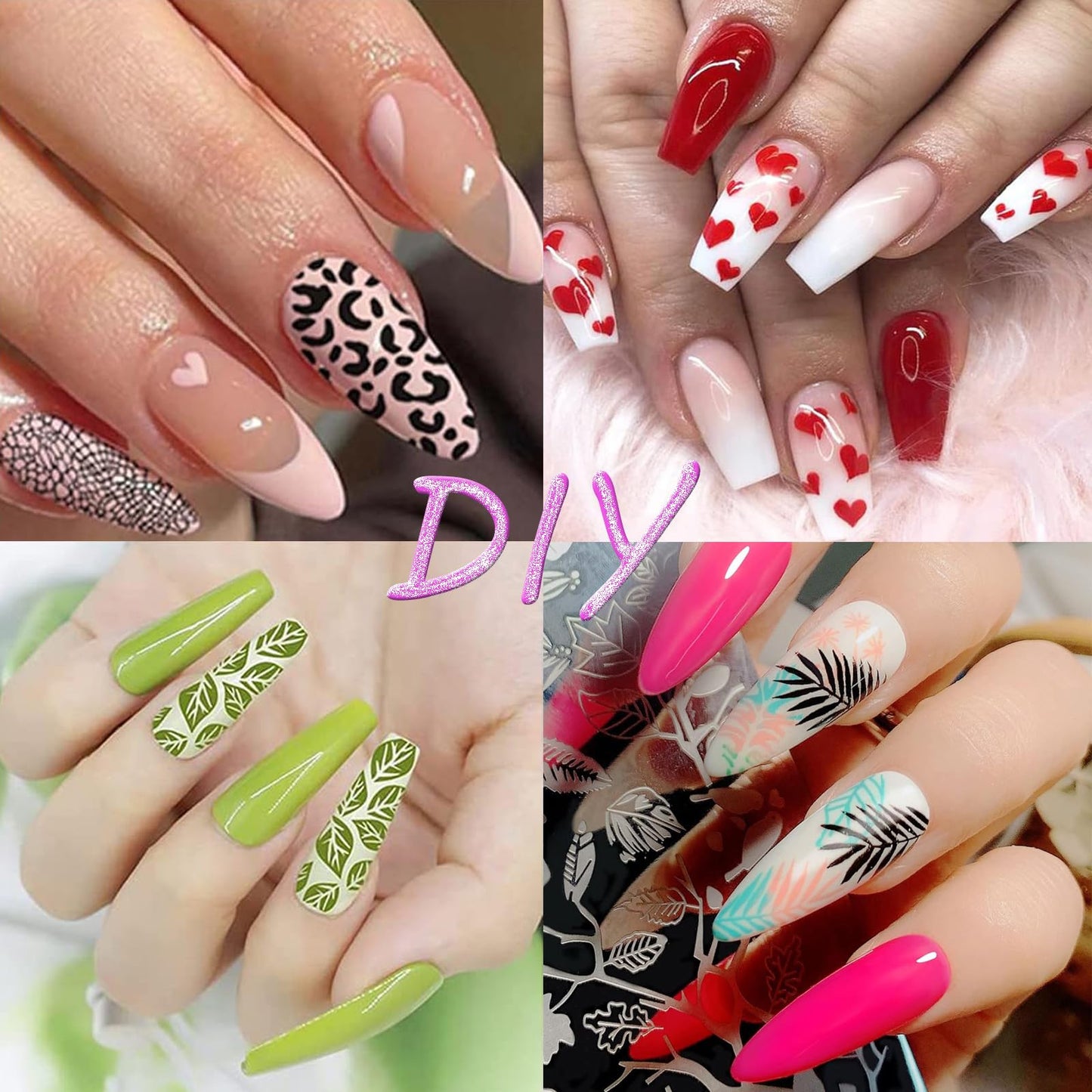 Nail Stamper Plate Kit, 4x Nail Stamping Plates +Dual-end Silicone Nail Art Stamper +Scraper, Snowflake & Spring Butterfly Flowers &Leopard Snake & Kiss Heart, DIY Design Manicure Salon Home, BlueZOO