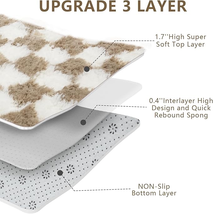 4x6 Checkered Area Rugs for Bedroom, Fluffy Beige and White Checkered Rug Fuzzy Shag Shaggy Carpets for Living Room, Soft Plush Furry Rug for Boy Girls Room Dorm Home Decor