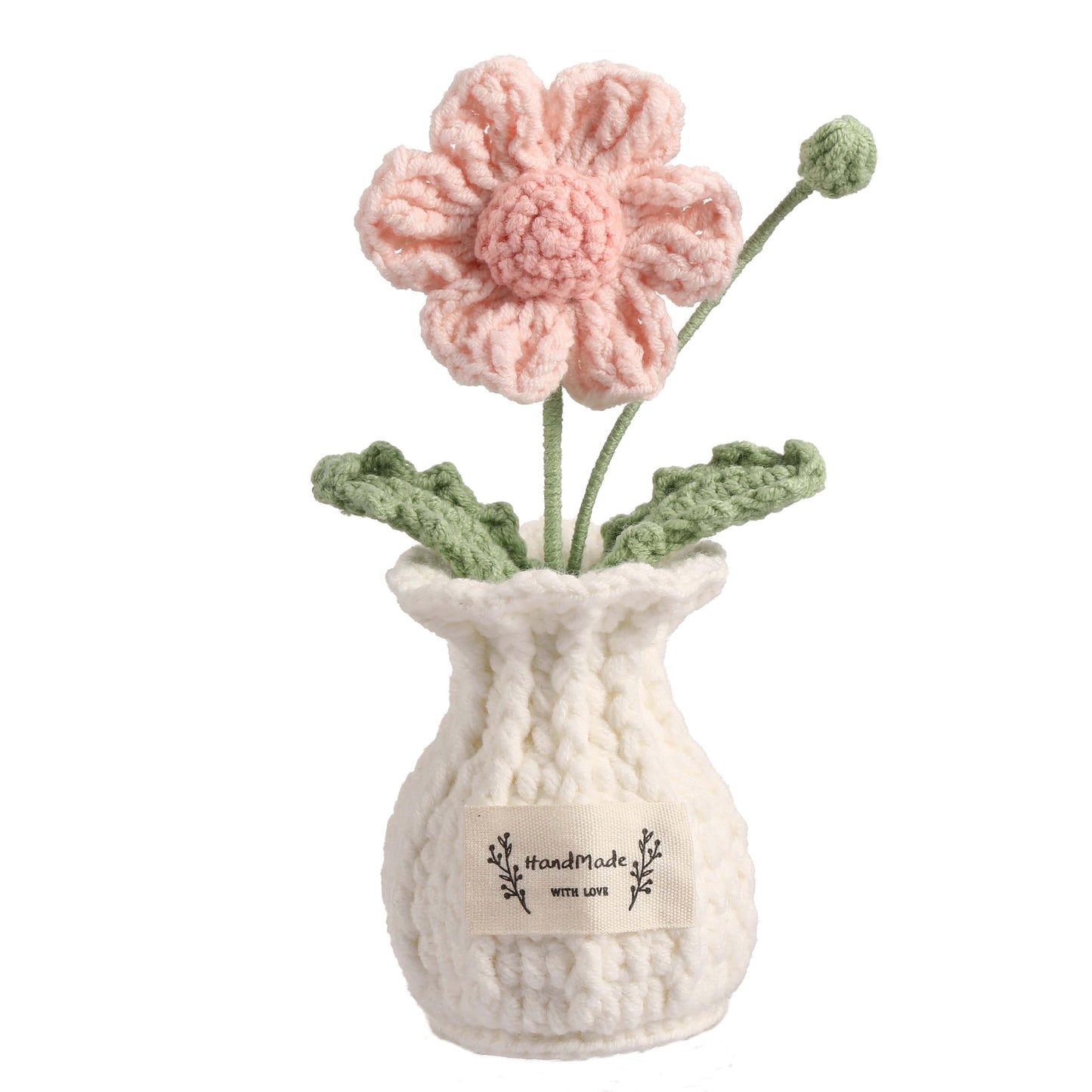 YOOJEE Daisy Crochet Flower Potted Plant – Pink, Handmade Knitted Desk Decor