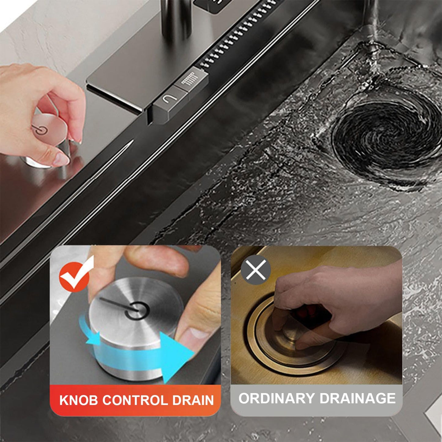 QruiLanTu 4 1/2'' Kitchen Sink Drain Assembly with Push Button Control,Stainless Steel Basket Strainer Kit with Overflow, Flexible Drain Hose for kitchens and bathrooms
