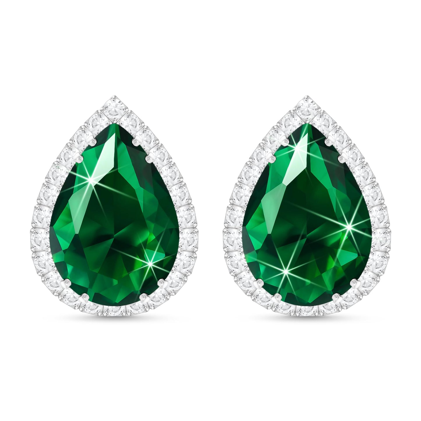 Linawe Silver Emerald Green Stud Earrings, Imitation Diamond Cubic Zirconia Earrings Studs Women, Teardrop Rhinestone Crystal Formal White Gold Earring Set Wedding Bridal Bridesmaid