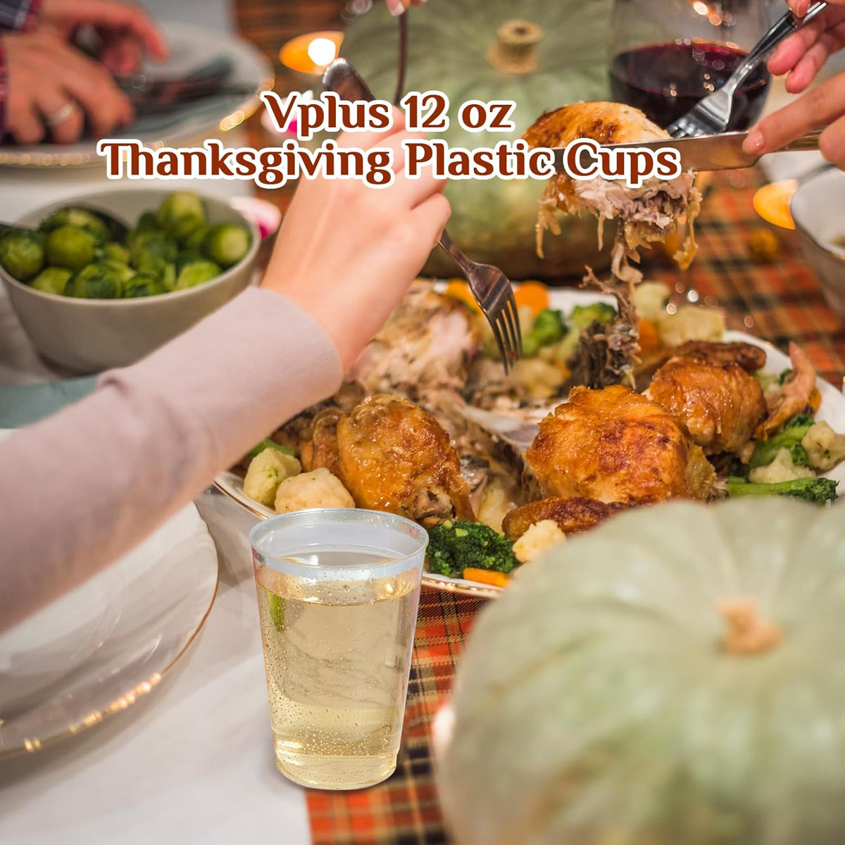 Vplus 150 Pack 12 OZ Reusable Silver Rimmed Clear Plastic Cups, Disposable Heavy Duty Plastic Cups for Party, Christmas, Wedding, Thanksgiving, Halloween
