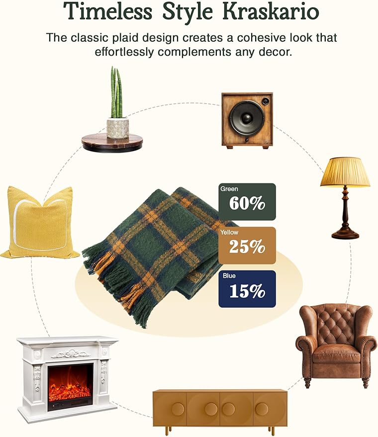 ZonLi Green Plaid Throw Blanket for Couch, Fall Throw Blanket for Home Decor, Soft Lightweight Cozy All Season Decorative Vintage Blankets with Tassel for Bed and Sofa, 50'' x 60''
