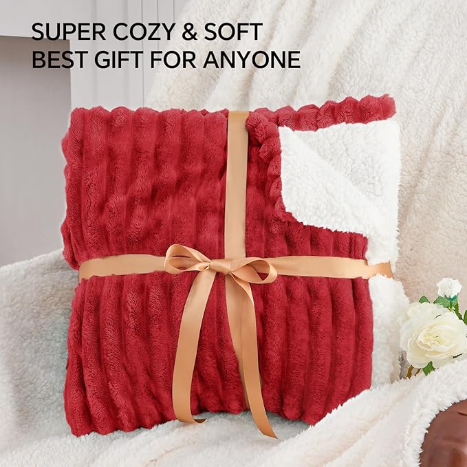INFIIXSO Sherpa Throw Blanket for Couch - Super Soft & Warm Striped Fleece Blanket, Cozy Plush Fluffy Blanket All Season Use (Red, 50x60 Inches)
