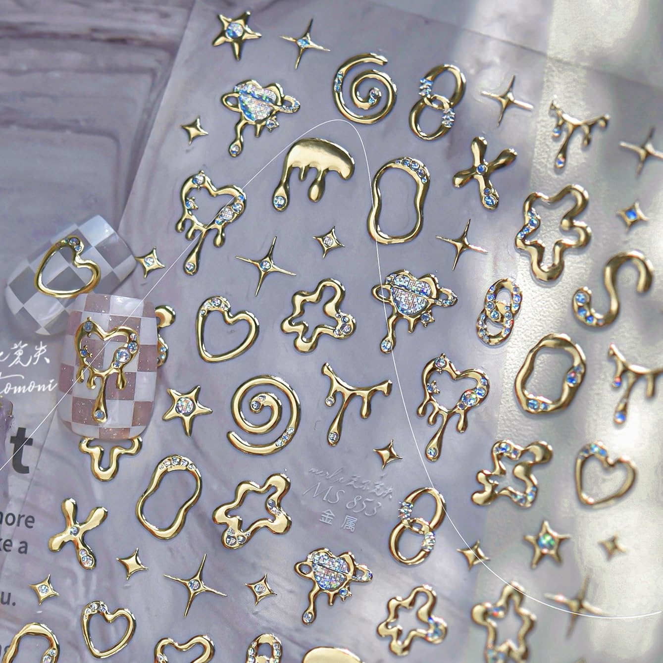 Phuryllic 3D Nail Stickers for Nail Art, Embossed Self-Adhesive Cute Nail Charms & Decals for DIY Nails, Easy-to-Apply Nail Design Supplies & Accessories for Home Manicure-Gold Irregular Shapes
