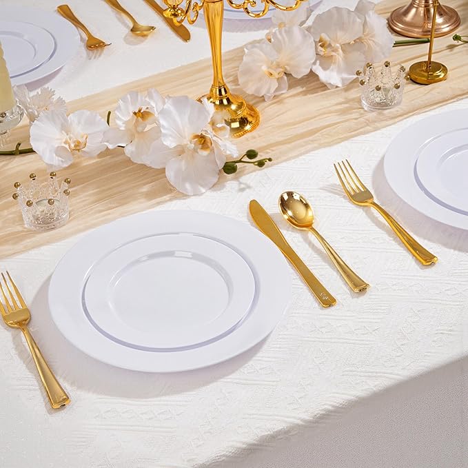 100PCS White Plastic Plates, 10 Inch Disposable Dinner Plate Party, Heavy Duty Disposable Plastic Plates for Party, Wedding and Birthday