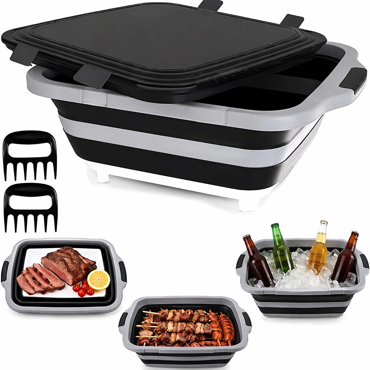 BBQ Prep Tub with 2 Pcs Meat Shredder Claws, Collapsible Cutting Board, Cutting Board with Locking Lids, Drip Easy BBQ Prep Tub with lid-XL Size (Black)