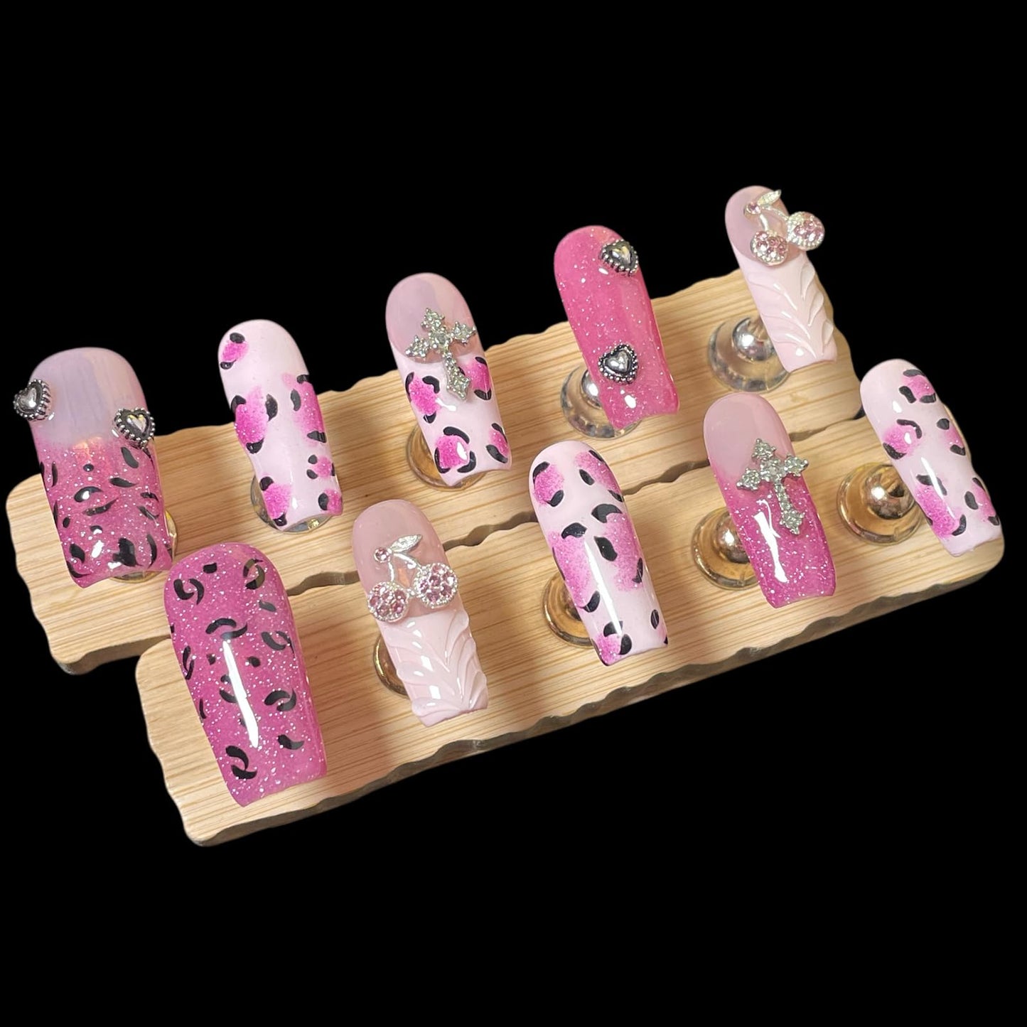 Handmade Press On Nails Pink Leopard Print Design Medium/Long Square Cherry Charms, Glitter Ombre Artificial Acrylic Thick False Nails (Sparkle, M)