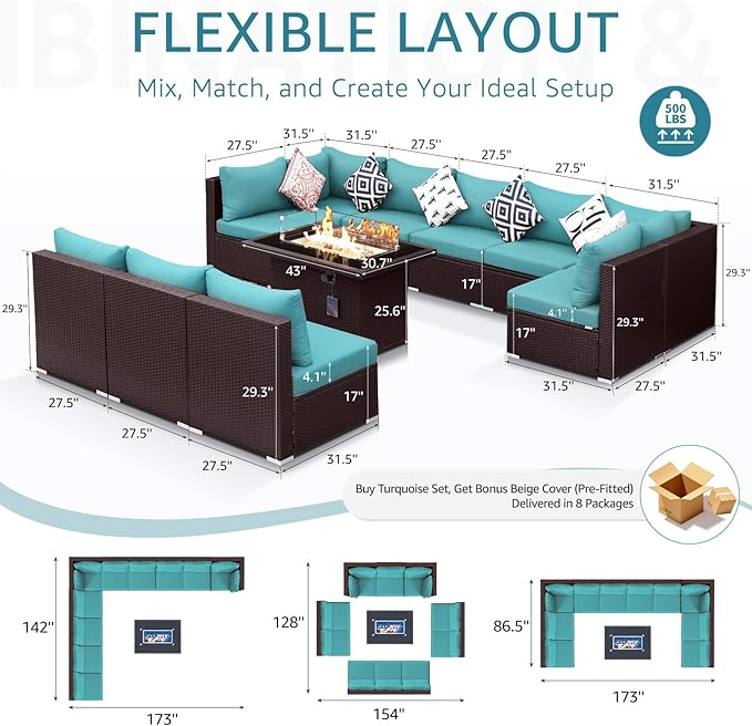 NICESOUL Modern Outdoor Couches with Firepit Table Propane/Natural Gas, 29.3'' High Back Comfy Conversation Set with Fireplace, 10 Seater Large Wide Patio Furniture Set, Brown Rattan and Teal Cushion