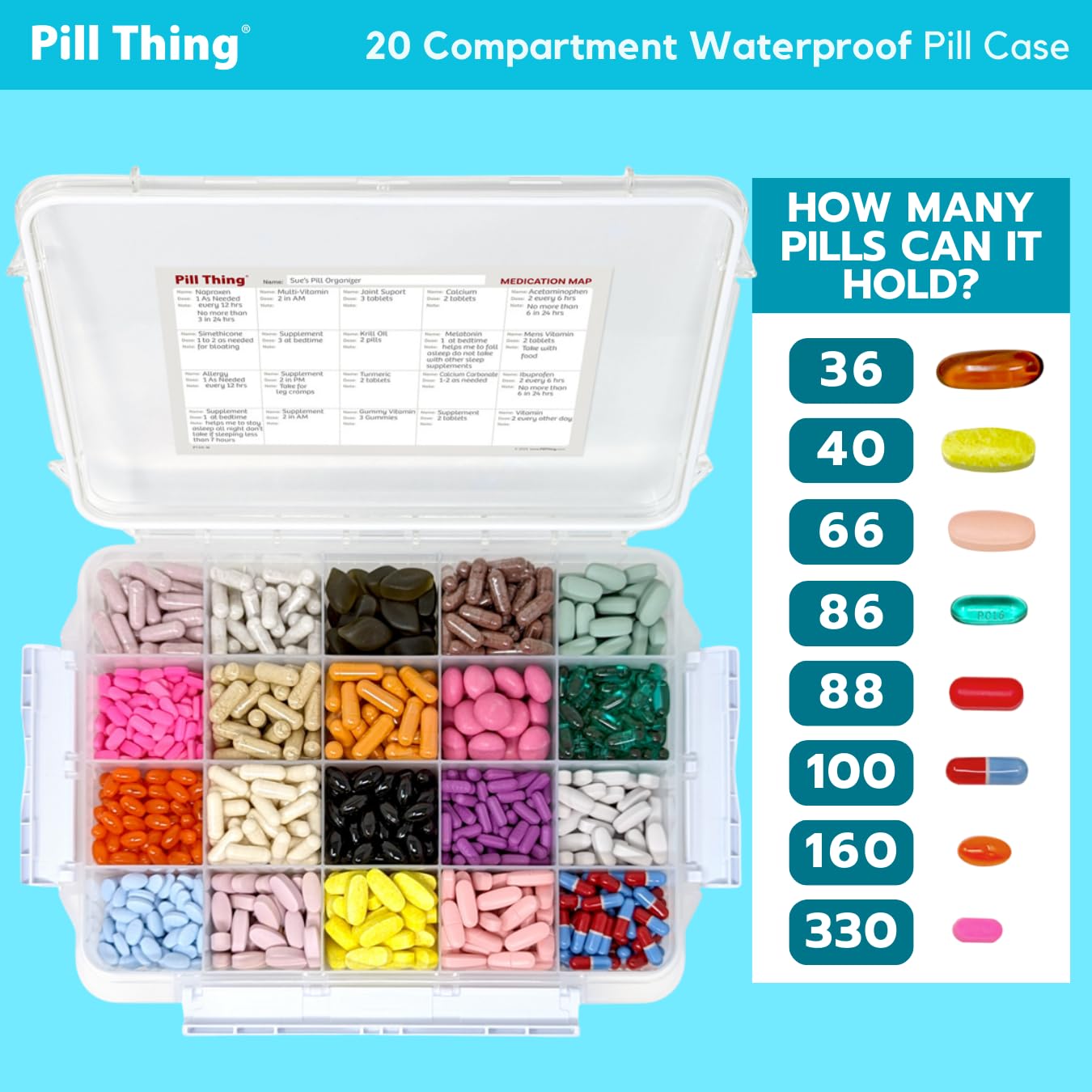 20 Compartment Large Pill Case with Airtight Seal - Silicone Gasket Waterproof Med Box with Medication Map (Clear, 1 Pack)