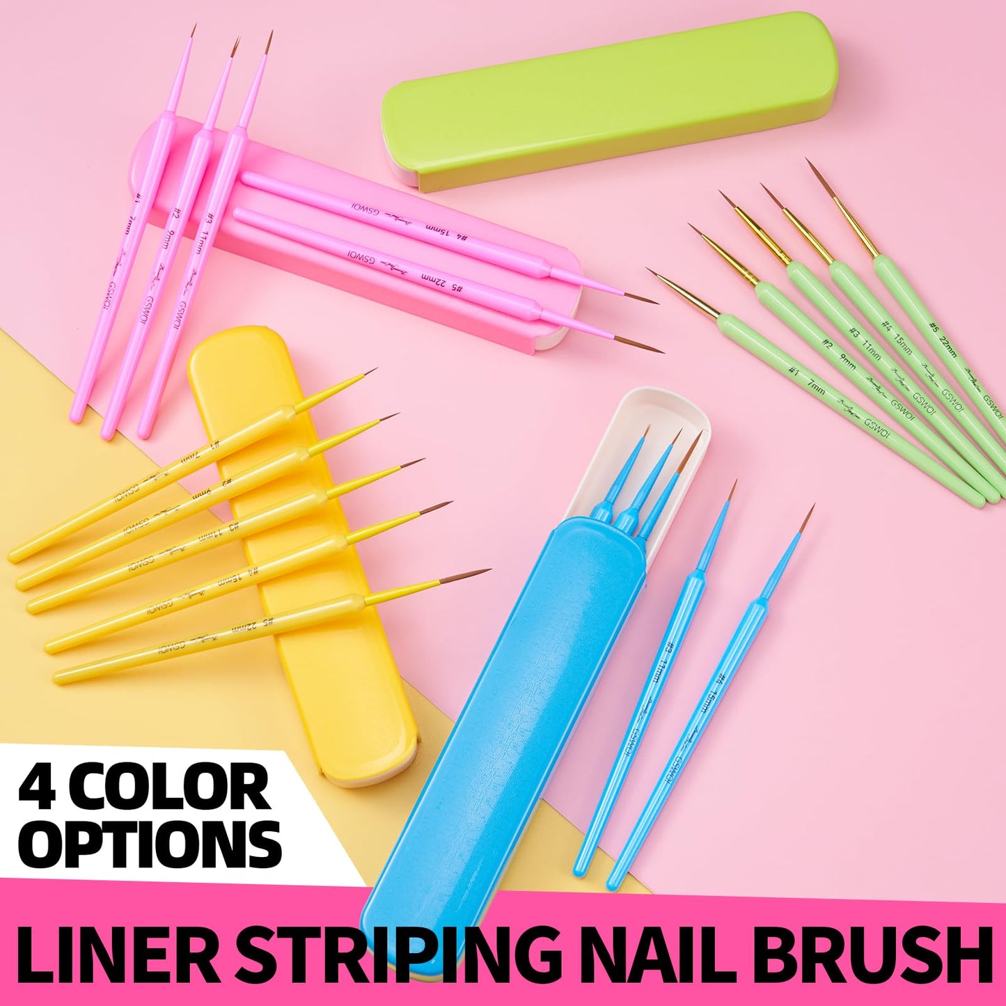Nail Brush Set for Nail Art Liner Brushes,GSWOI 5Pcs Thin Liner Striping Brush for Nails Gel Polish Painting Designs Elongated Lines -Sizes 7/9/11/15/22mm(Green)