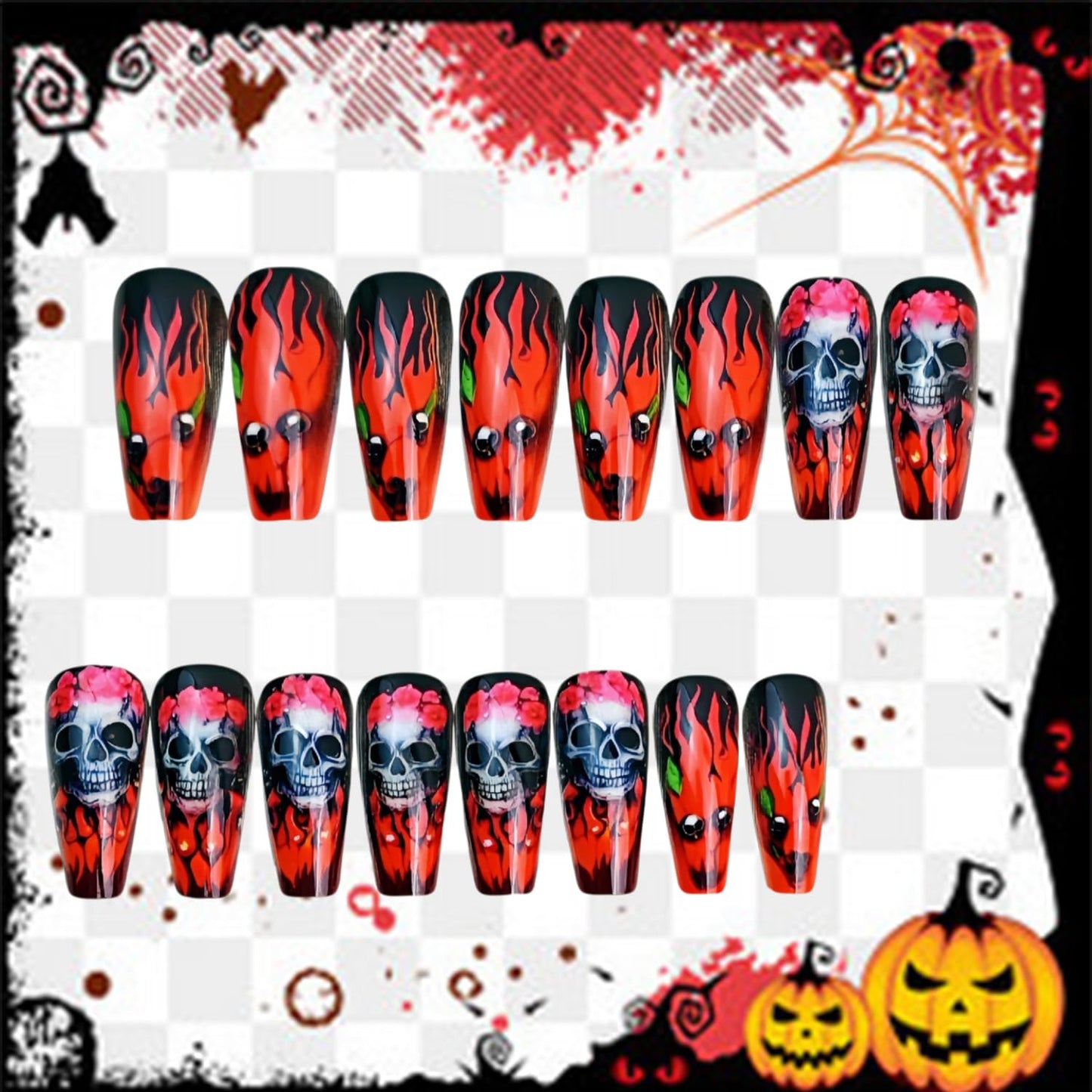 24Pcs Halloween Press on Nails Long Ballet Shaped Horror Skull False Nails Full Cover Artificial Acrylic Fingernails Flame Flower Design Halloween Nail Festival Glue on Nails for Women Supplies
