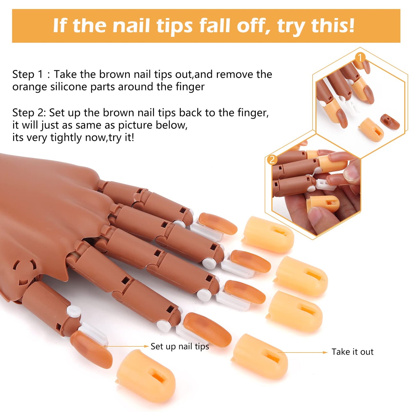 LIONVISON Practice Hand for Acrylic Nails-Flexible Moveable Fake Hand for Nail Practice, False Nail Mannequin Hands Training with 200PCS Replacement Tips and 1 Clipper
